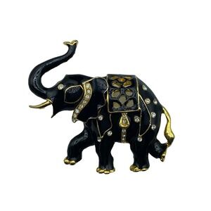 Vintage‎ Elephant Brooch Black Enamel Gold Tone with Rhinestones Large Statement